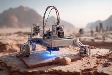 A futuristic rover with intricate metal detailing explores a martian landscape. Its advanced tech hints at potential for discovery in space.