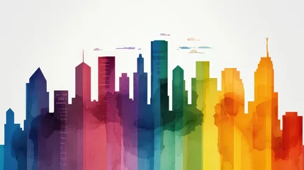 Papier peint photo intissé A colorful watercolor painting of a city skyline featuring various skyscrapers in a gradient from purple to orange.