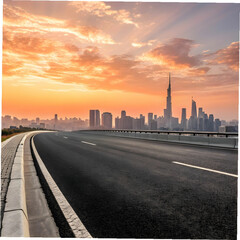 empty highway asphalt road and city skyline at sun