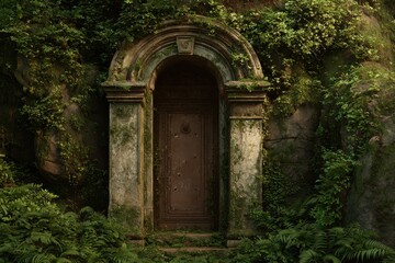 Fototapeta premium A weathered, moss-covered arched doorway nestled within a lush, green landscape, hinting at a hidden passage or ancient entrance.