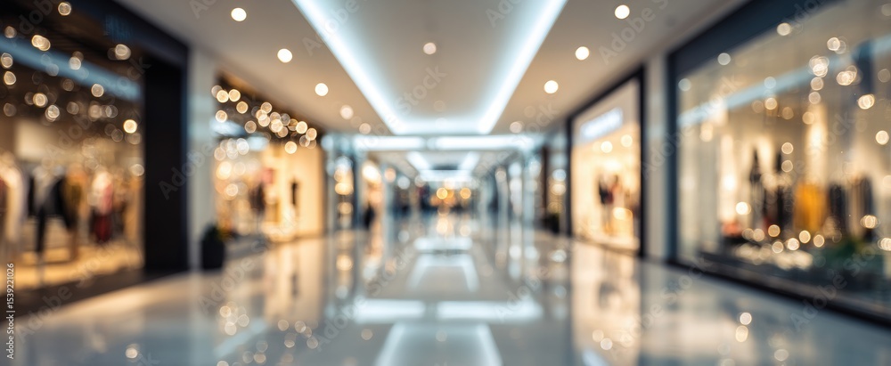 Poster blurred background of a shopping mall with a white ceiling and store display windows abstract blurre