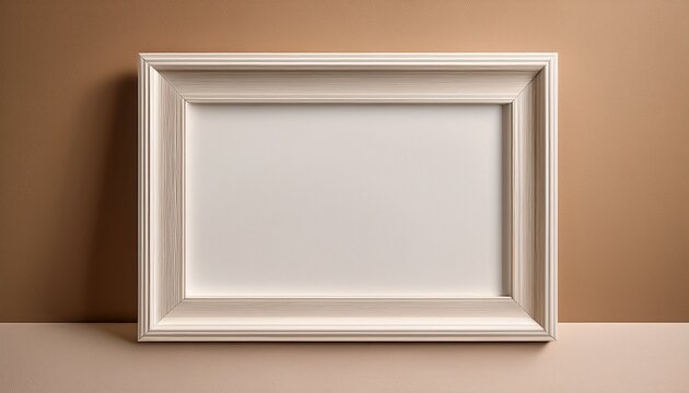 this image presents an empty simple white or off white rectangular frame hung vertically against a muted probably beige or light brown wall what makes this image striking and unique is the play of