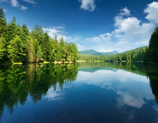 Fototapeta premium tranquil lake scene reflecting blue sky and lush green trees during daylight