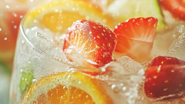 A refreshing fruit spritzer with ice and bubbles. The strawberries and oranges are fresh and juicy.
