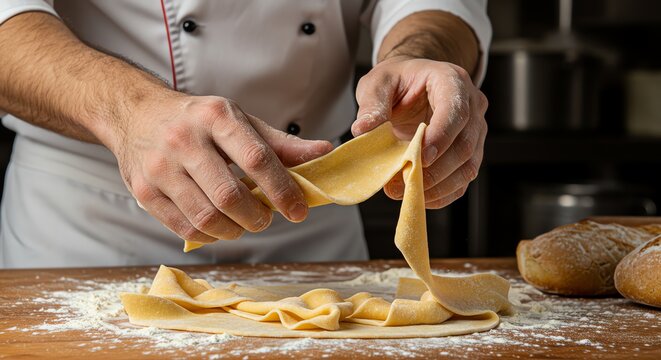 Chef preparing fresh pasta dough on a floured wooden surface in a restaurant kitchen