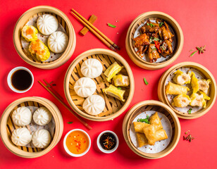 Assorted Dim Sum Delights in Traditional Bamboo Steaming Baskets