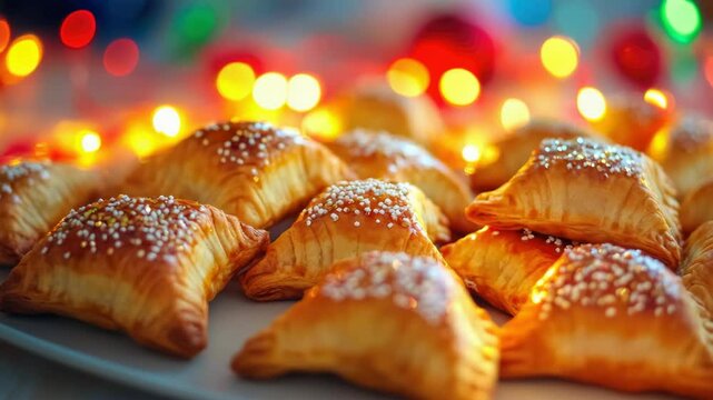 A platter of bite-sized pastries and cookies, topped with sprinkles and candy canes. The festive holiday treats are set against a backdrop of twinkling lights.