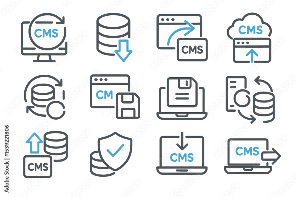 Poster cms and cloud data integration icons: technology concept and solutions