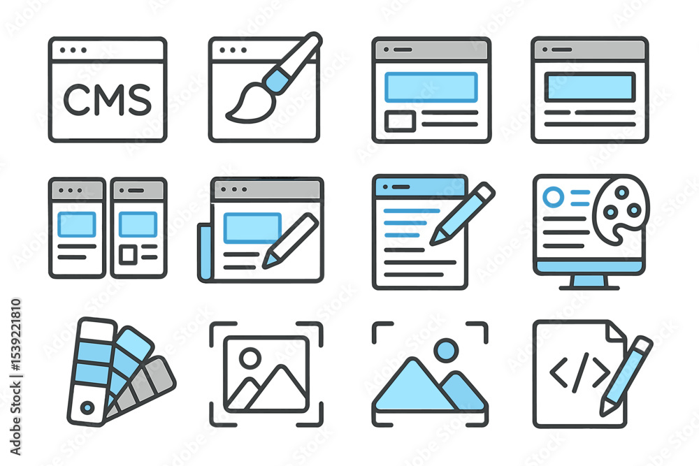 Poster content management system and web design icons with creative tools and editing elements