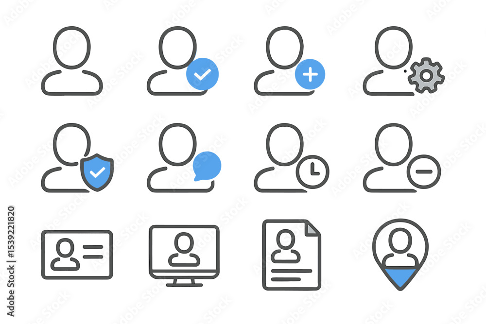 Poster user profile icons with various actions and options on grey background