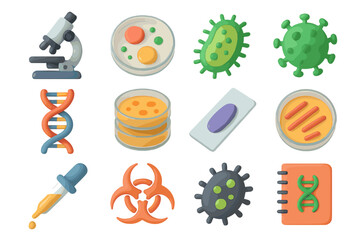 Fototapeta premium Colorful microbiology icons: microscope, dna, virus, petri dish, biohazard dropper