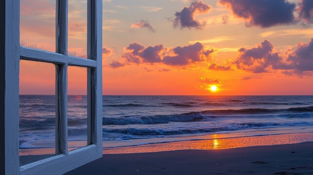 Fototapeta Sunrise over the ocean seen through a window.