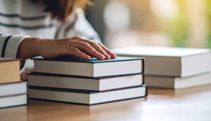 A scene of a desk with books of various thicknesses and sizes stacked in layers, with one hand resting on top of the other