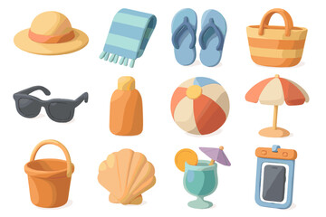 Colorful summer beach icons: hat, flip-flops, umbrella, camera, drink