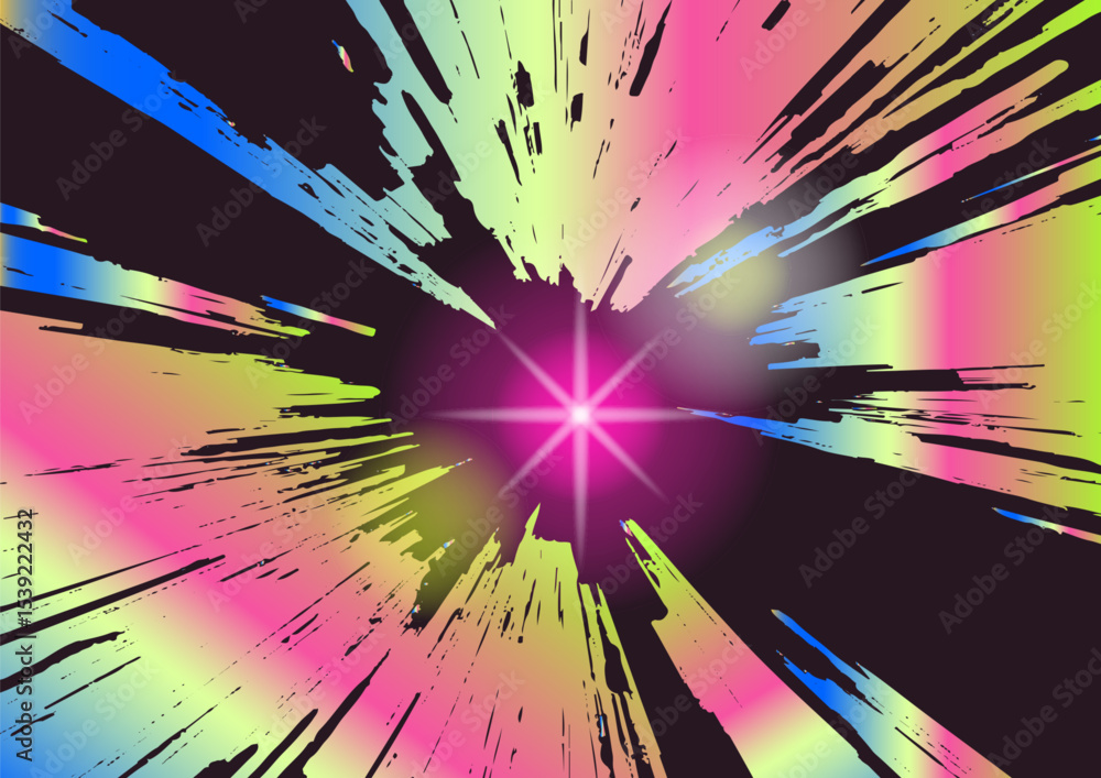 Poster vivid abstract illustration in a trendy vaporwave style: dynamic sharp shapes burst from a glowing m