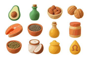 3d icons of healthy fats: nuts, oils, avocado, fish, coconut, seeds