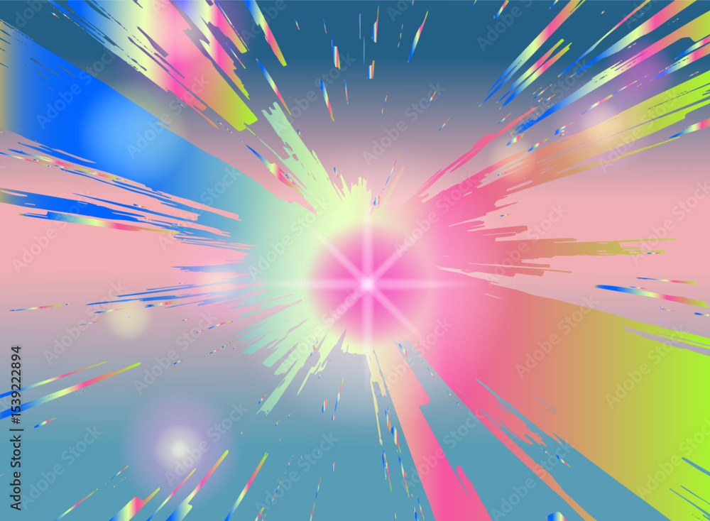 Aufkleber Vivid abstract illustration in a trendy vaporwave style: dynamic sharp shapes burst from a glowing magenta center, blending gradients of pink, yellow, blue for energetic, modern flair.