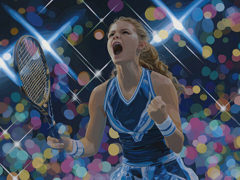 Female tennis player celebrating victory with raised fist, wearing blue sports attire, surrounded by vibrant bokeh lights, showcasing intense emotion and athleticism in a dynamic sports environment