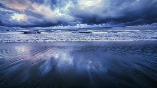 A serene beach scene on a cloudy day with a dramatic sky overhead.