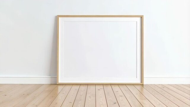 Light wooden frame with white border on wooden floor in front of white wall for mock up presentation and product display