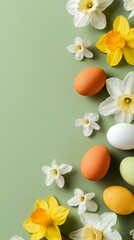 Colorful Eggs and Spring Flowers Arranged Creatively on a Pastel Background