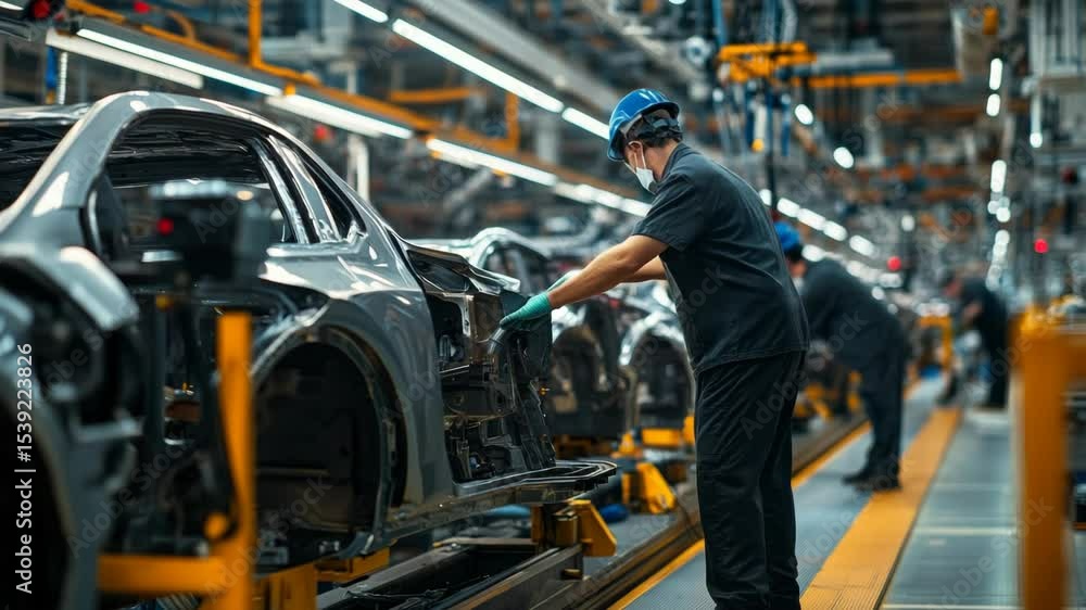 Poster a worker on an automobile assembly line inspecting a vehicle component.