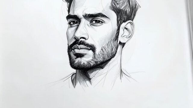 Detailed pencil sketch of a young man with a beard, his gaze directed forward, highlighting artistic shading and sharp lines on a white background