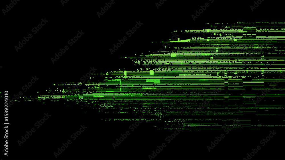 Poster Green horizontal lines glitching effect pattern. Digital signal distortion. Abstract data stream visual. Modern technology background.