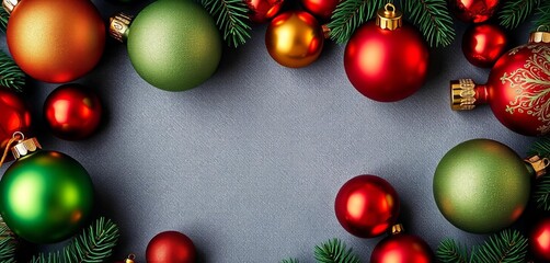 Ornamental balls in a circular Christmas pattern on a textured background , winter,  festive background