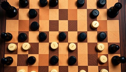 Overhead shot of a checkers game in progress, black and white pieces on a classic board,   strategy game,   entertainment