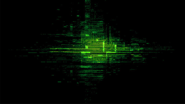 Glitch vector matrix with green geometric data elements and digital noise. Abstract computer background for modern art.