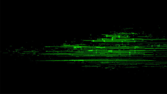 Green digital glitch data stream on black background. Abstract matrix style motion graphic element for technology concept.