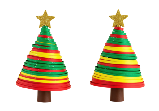 Isolated Festive Pair of Colorful Ribbon Christmas Trees with Golden Stars