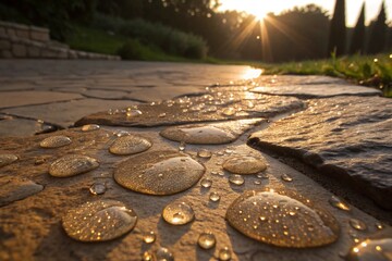 Macro shot of water droplets on stone terrace during golden hour