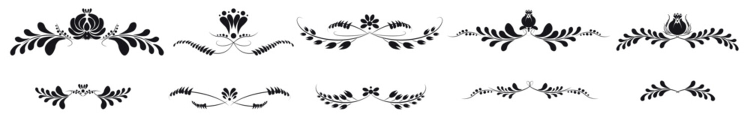 Set of vector decorative vignettes, endings, borders, page dividers, banners from ornamental fantasy flowers, leaves, and ears.