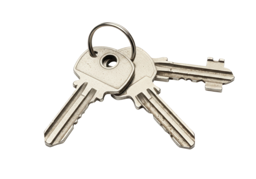Isolated Pair of Silver Metal Keys with Keyring