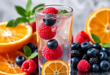 Refreshing orange, raspberry, & blueberry infused water  Close-up shot of fruit & water, infused water,   diet