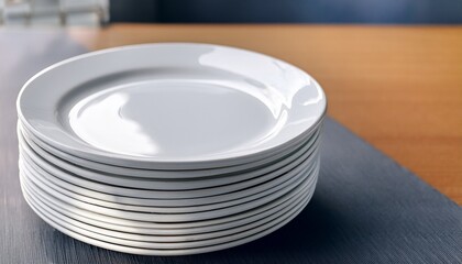 stack of clean white plates with one plate leaning against the stack on table
