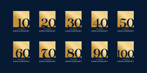 Set of modern vector logo designs for 10th to 100th anniversary in rectangle or box, with gold color for celebrations, weddings and birthdays