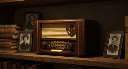 Vintage wooden radio on shelf with books and photo
