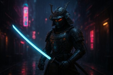 Naklejka premium Cyberpunk Samurai: Neon Rain