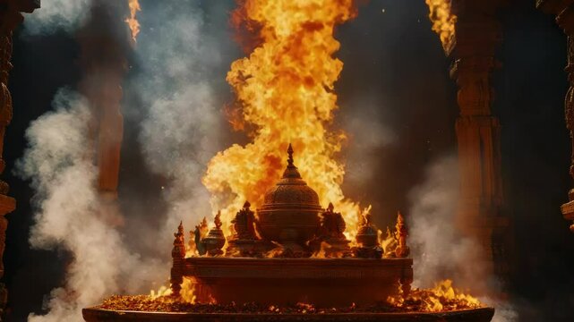 Ceremony involving a sacred pyre amidst flames.