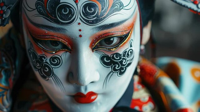 Traditional Japanese Kabuki Theater face paint in vivid colors, with intricate designs.