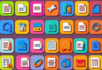 Set of colorful web icons depicting document management functions, document, access