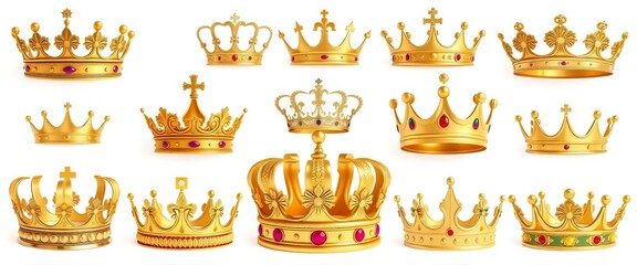 Set of elegant gold crowns, various designs, isolated on white background,  jewelry,  clipart