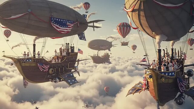 Steampunk airships and hot air balloons float over clouds with American flags