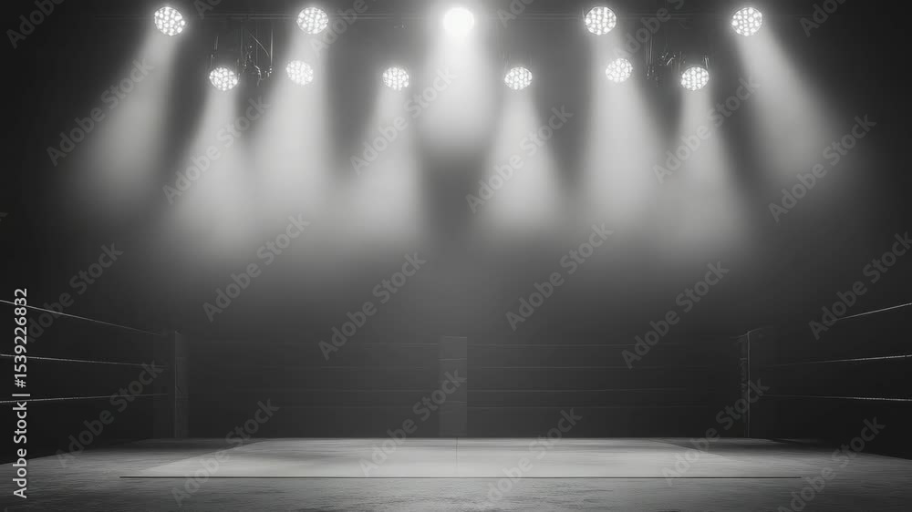 Poster an interior view of an empty stage with bright spotlights shining down. the stage is set for a perfo