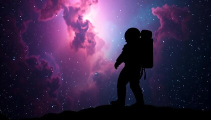 Silhouetted astronaut exploring a nebula, starscape backdrop, fantasy, outer space