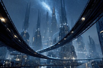 Futuristic cityscape under a starlit sky, featuring towering skyscrapers connected by elevated roadways and waterways reflecting city lights.