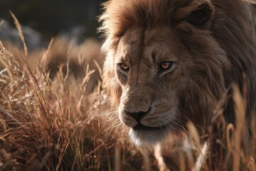 Lion Portrait: Close-up of a majestic lion's face amidst tall grass, capturing the animal's strength and beauty in its natural habitat.